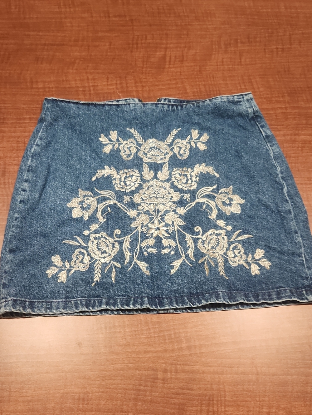 Topshop Denim Mini Skirt with Silver Floral Embroidery